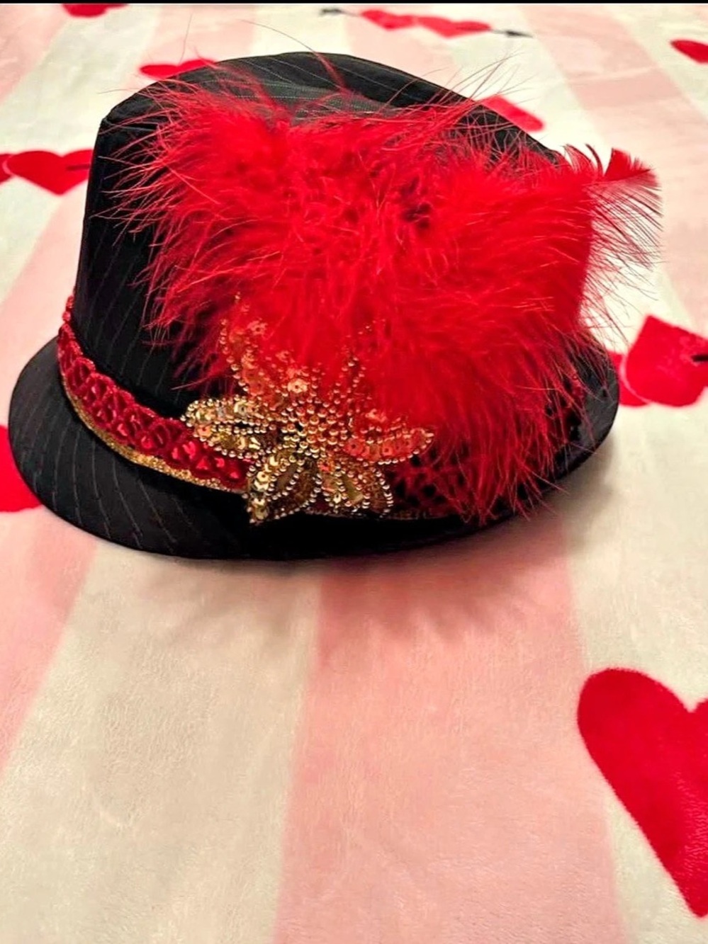 Feather Embellished Hat in Black & Red Like New